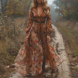 Women’s Floral Maxi Dress with Deep V Neck and Flowy Boho Inspired Silhouette