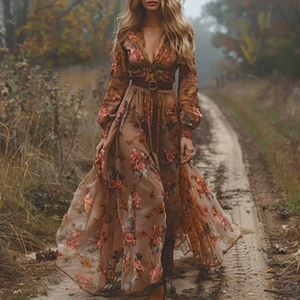 Women’s Floral Maxi Dress with Deep V Neck and Flowy Boho Inspired Silhouette
