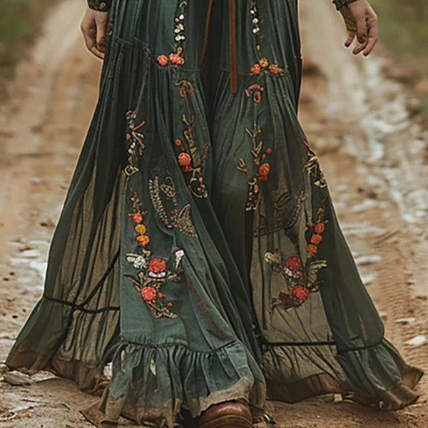 Vestido maxi vintage floral de mujer con mangas transparentes