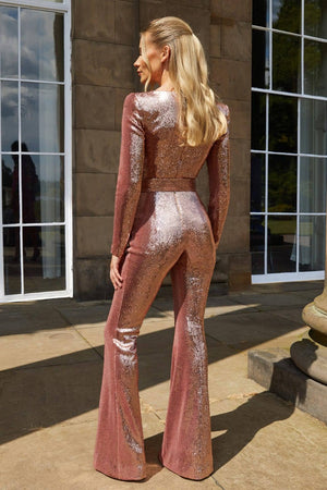 Elegant Sequin Long Sleeve Flared Jumpsuit