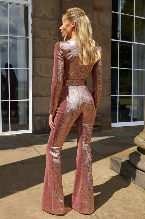 Elegant Sequin Long Sleeve Flared Jumpsuit