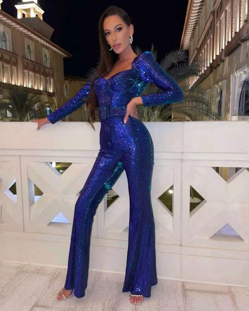 Elegant Sequin Long Sleeve Flared Jumpsuit
