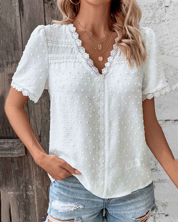 Elegant White Textured V-Neck Blouse