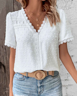 Elegant White Textured V-Neck Blouse