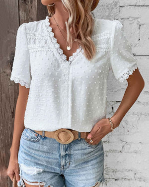 Elegant White Textured V-Neck Blouse