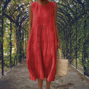Women's Sleeveless Embroidered Textured Hem Midi Dress