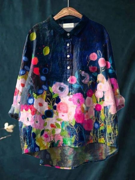 Women’s Floral Button Up Loose Long Sleeve Blouse