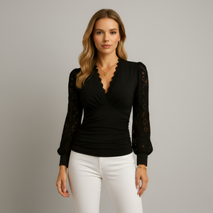Blusa elegante de manga larga con escote en V y fruncido para mujer