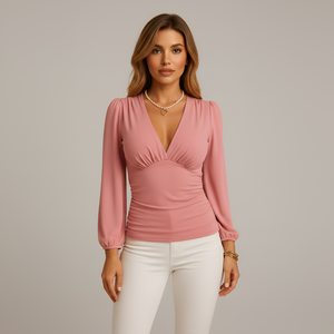 Blusa elegante de manga larga con escote en V y fruncido para mujer