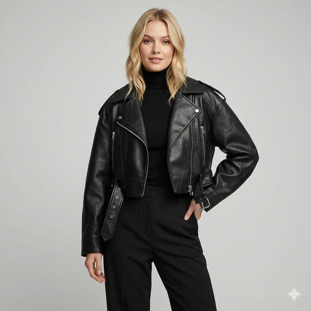 Chaqueta moto corta con cremallera y cinturón estilo biker