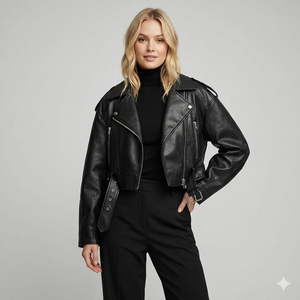 Belted Zip-Up Biker Style Cropped Moto Jacket