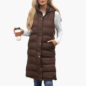 Women's Hooded Long Puffer Vest with Pockets