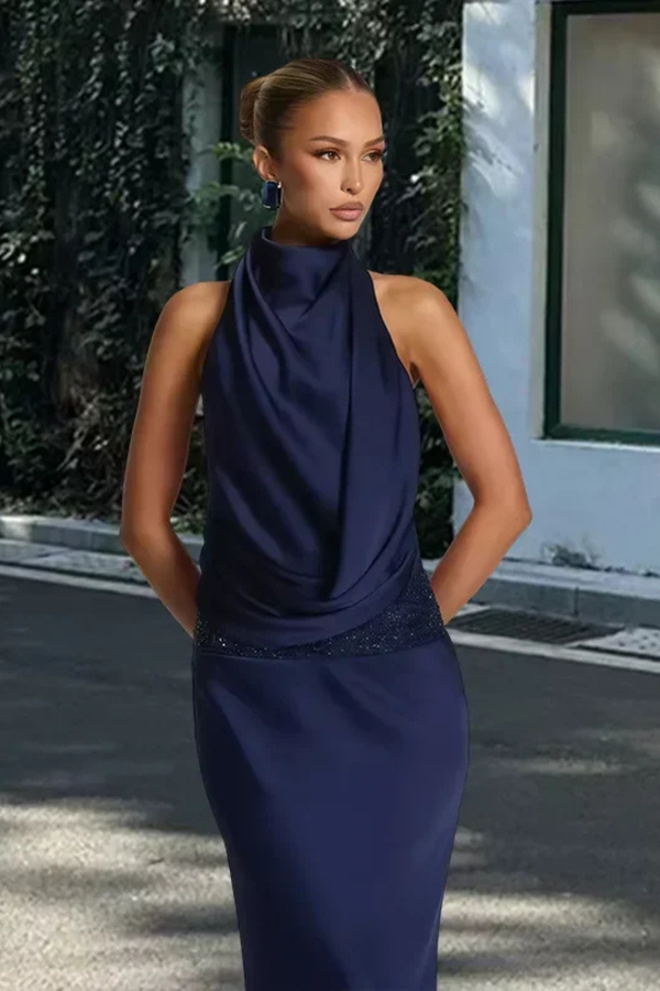 Women’s Backless Halter Neck Maxi Dress with Draped Front