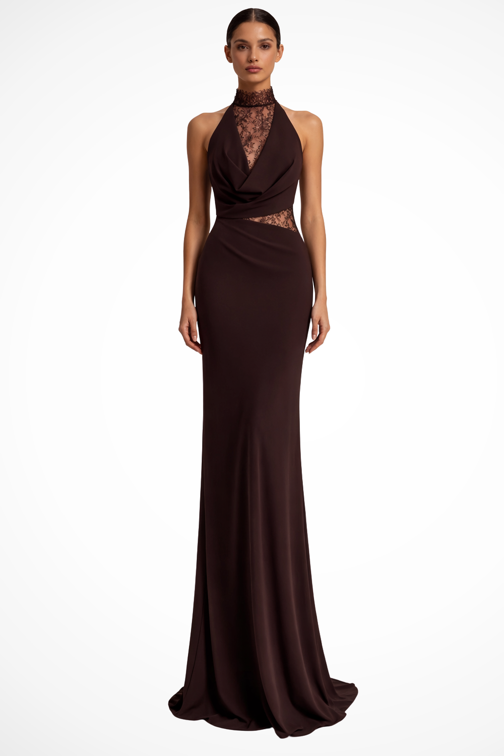 Women’s Halter Neck Evening Gown Maxi Dress with Lace Detail