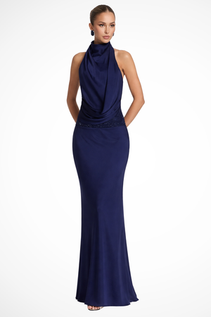Vestido Maxi de Satén Halter con Drapeado para Mujer