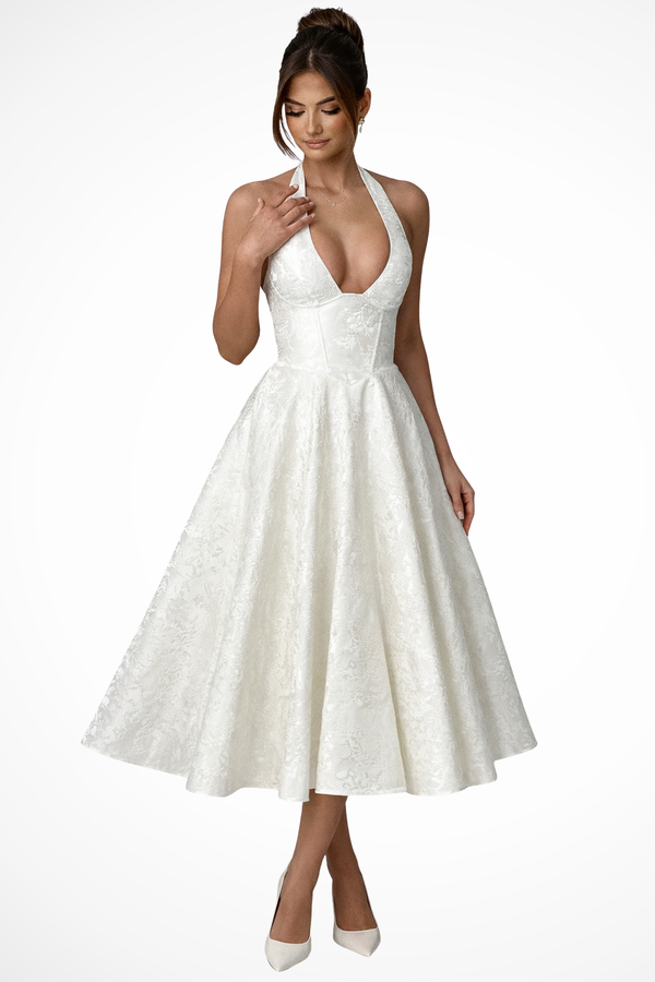 Women’s Halter Neck Jacquard Midi Dress