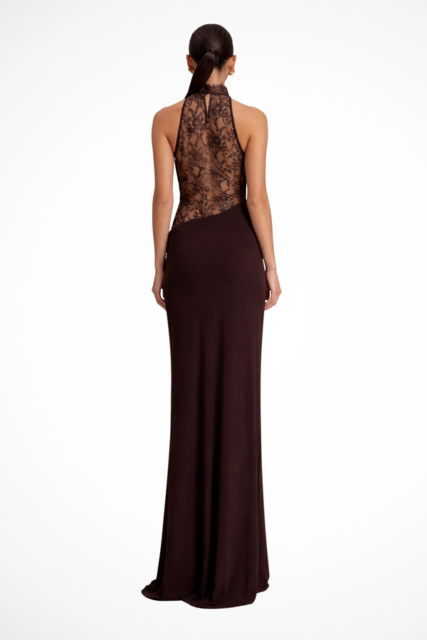 Women’s Halter Neck Evening Gown Maxi Dress with Lace Detail