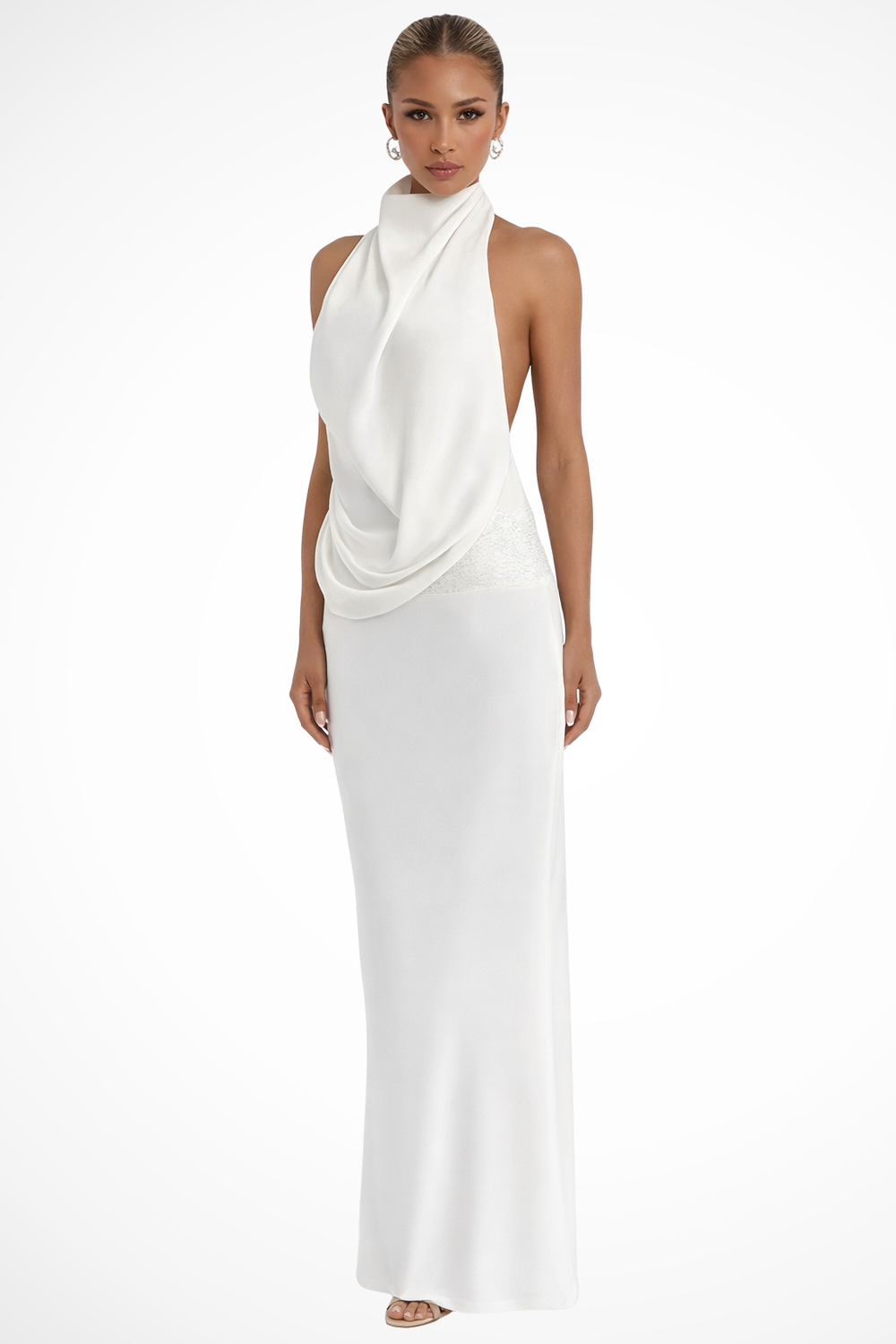 Women’s Backless Halter Neck Maxi Dress with Draped Front