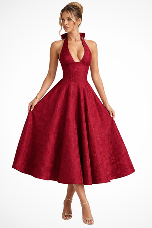 Women’s Halter Neck Jacquard Midi Dress