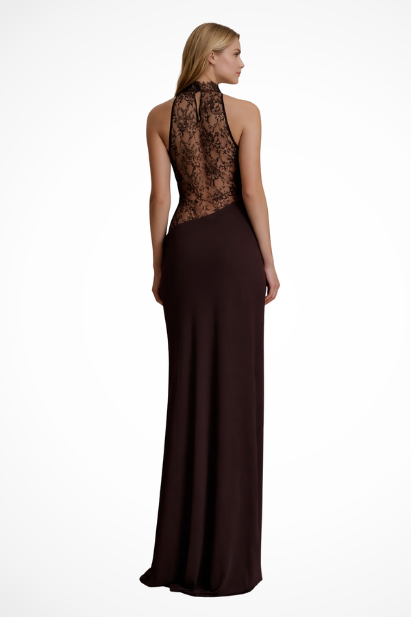 Women’s Halter Neck Evening Gown Maxi Dress with Lace Detail