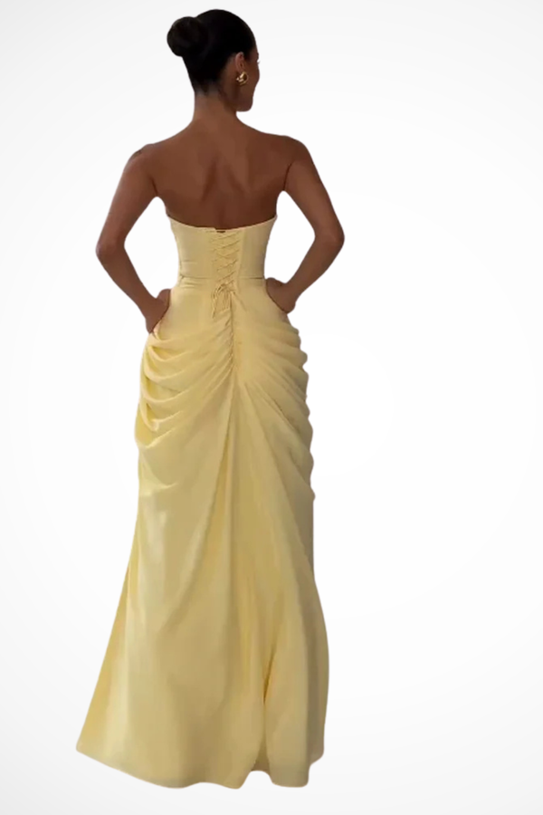 Women's Strapless Ruched Maxi Dress with Thigh Slit