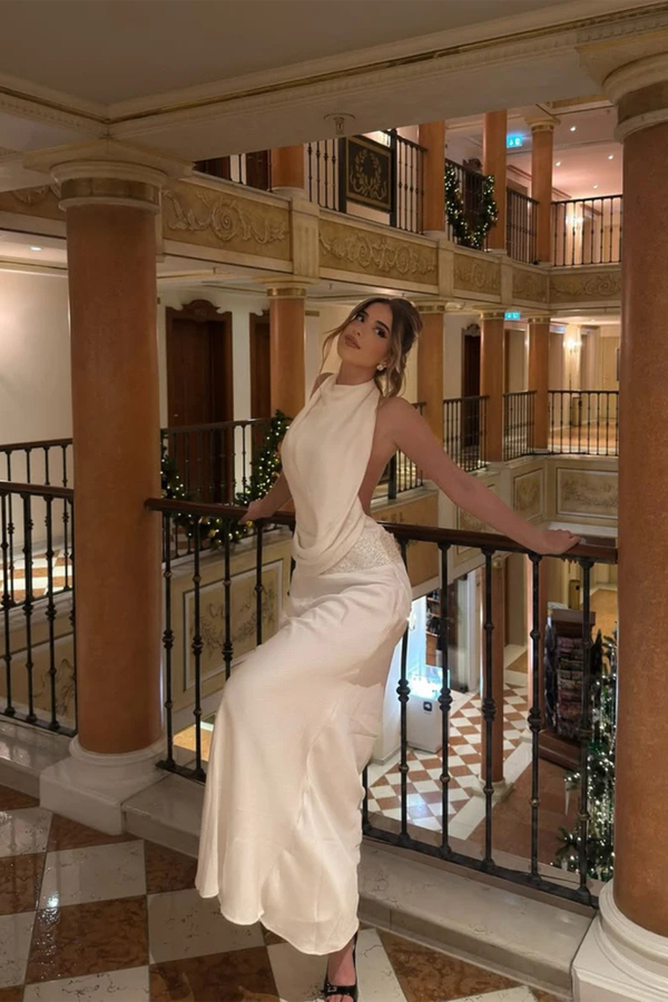 Vestido Maxi de Satén Halter con Drapeado para Mujer
