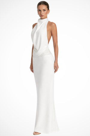 Vestido Maxi de Satén Halter con Drapeado para Mujer