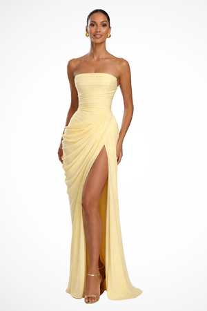 Women’s Strapless Ruched Evening Maxi Dress with High Slit