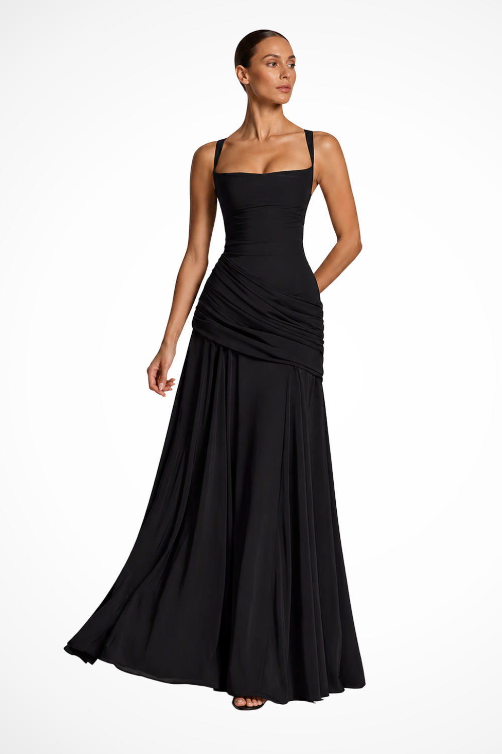 Women's Square Neck Ruched Maxi Dress with Side Slit