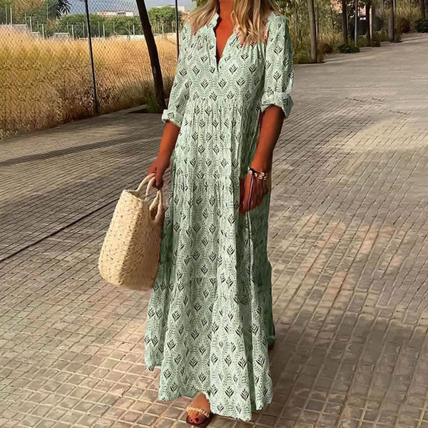 Women's Bohemian Printed Maxi Dress with Flowing Tiered Silhouette
