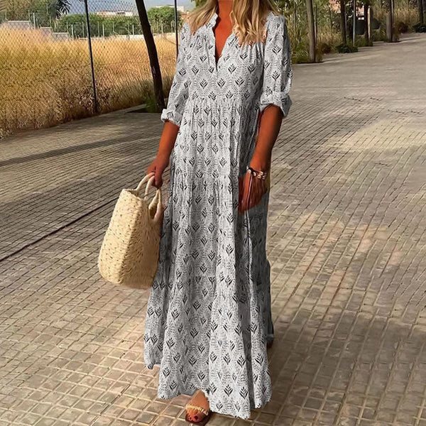Women's Bohemian Printed Maxi Dress with Flowing Tiered Silhouette