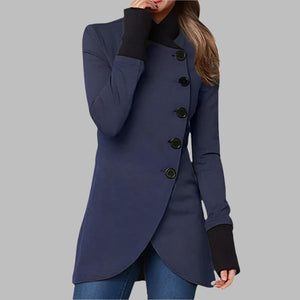 Women's Asymmetrical Button Jacket with High Neck