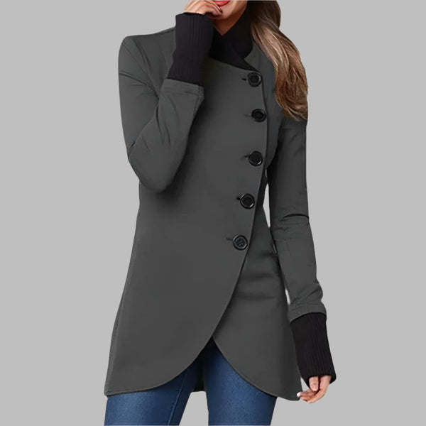 Women's Asymmetrical Button Jacket with High Neck
