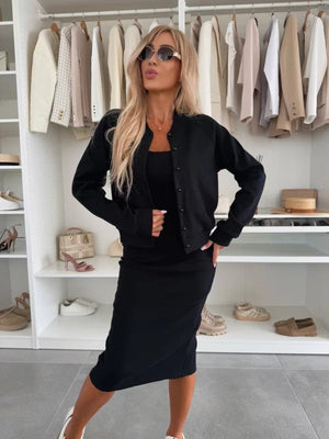 Women's Long Sleeve Cardigan and Midi Dress Two-Piece Set