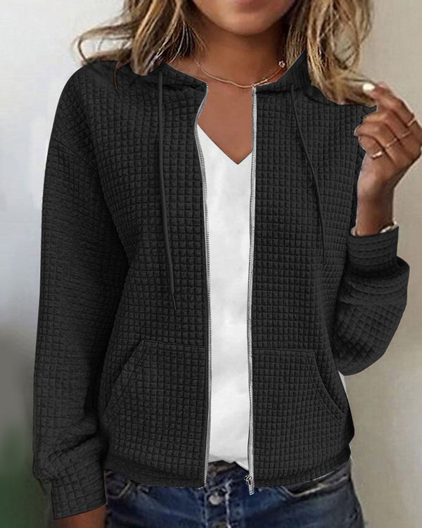 Women's Relaxed Fit Textured Zip-Up Jacket Hoodie