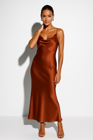 Women's Satin Midi Dress with Draped Neckline