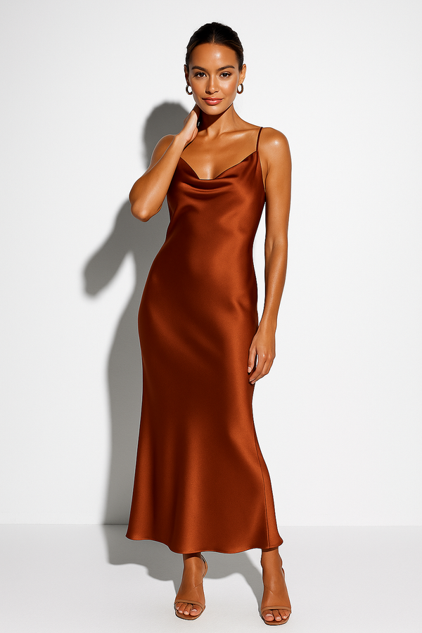 Women's Satin Midi Dress with Draped Neckline