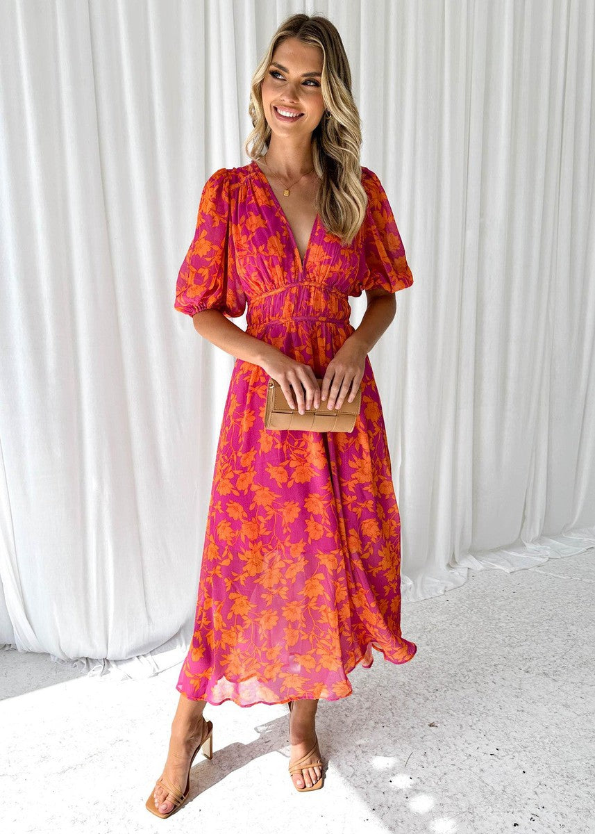 Vestido midi floral chic para mujer con mangas abullonadas y escote en V