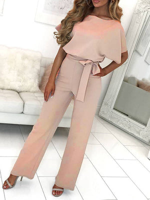 Women's Long Jumpsuit Short Sleeve Ruffled Belt