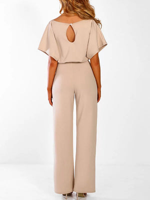 Women's Long Jumpsuit Short Sleeve Ruffled Belt