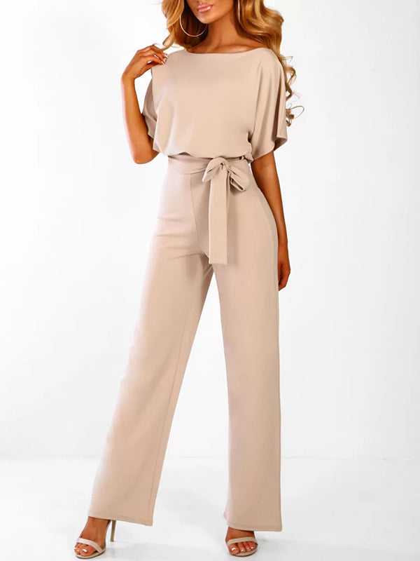 Women's Long Jumpsuit Short Sleeve Ruffled Belt
