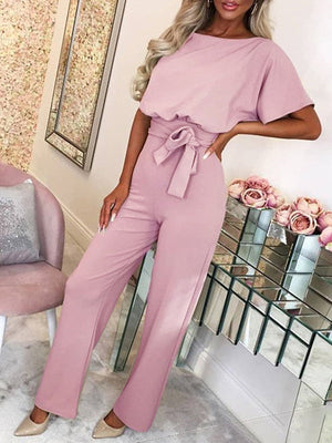 Women's Long Jumpsuit Short Sleeve Ruffled Belt