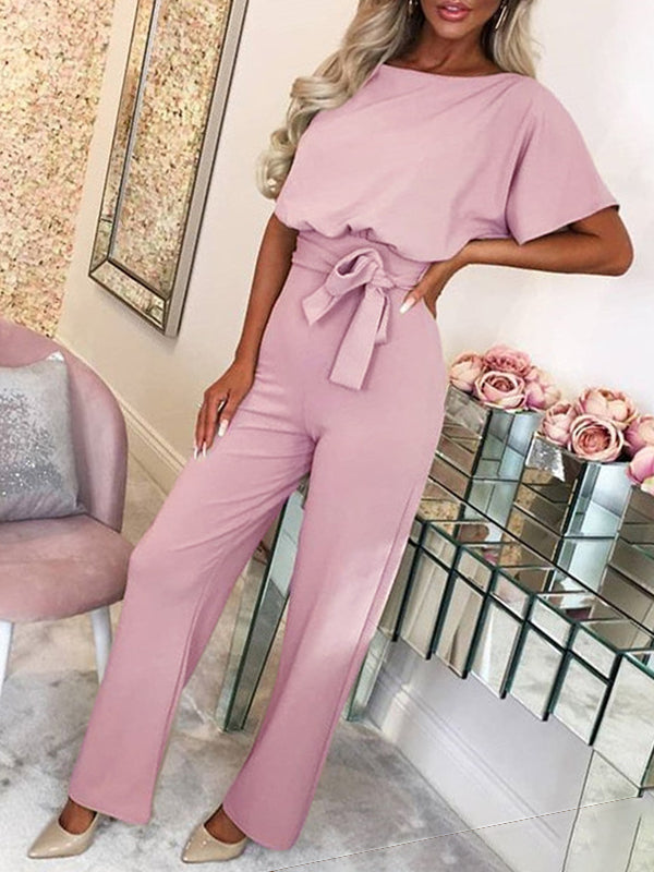 Women's Long Jumpsuit Short Sleeve Ruffled Belt
