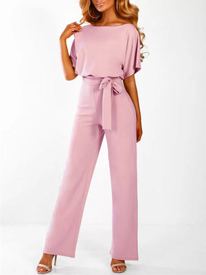 Women's Long Jumpsuit Short Sleeve Ruffled Belt