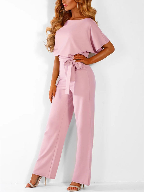 Women's Long Jumpsuit Short Sleeve Ruffled Belt