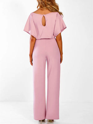 Women's Long Jumpsuit Short Sleeve Ruffled Belt