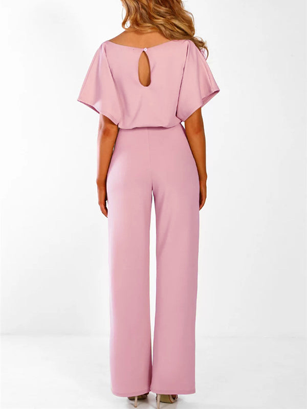 Women's Long Jumpsuit Short Sleeve Ruffled Belt