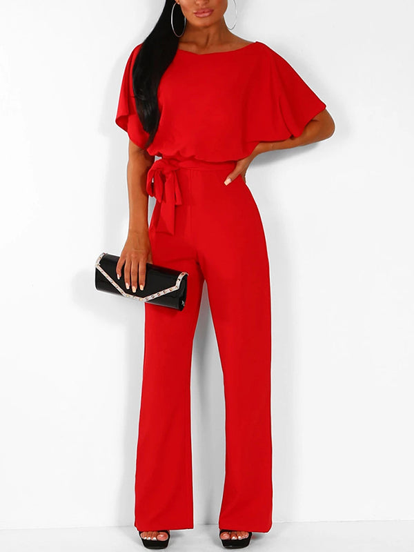 Women's Long Jumpsuit Short Sleeve Ruffled Belt