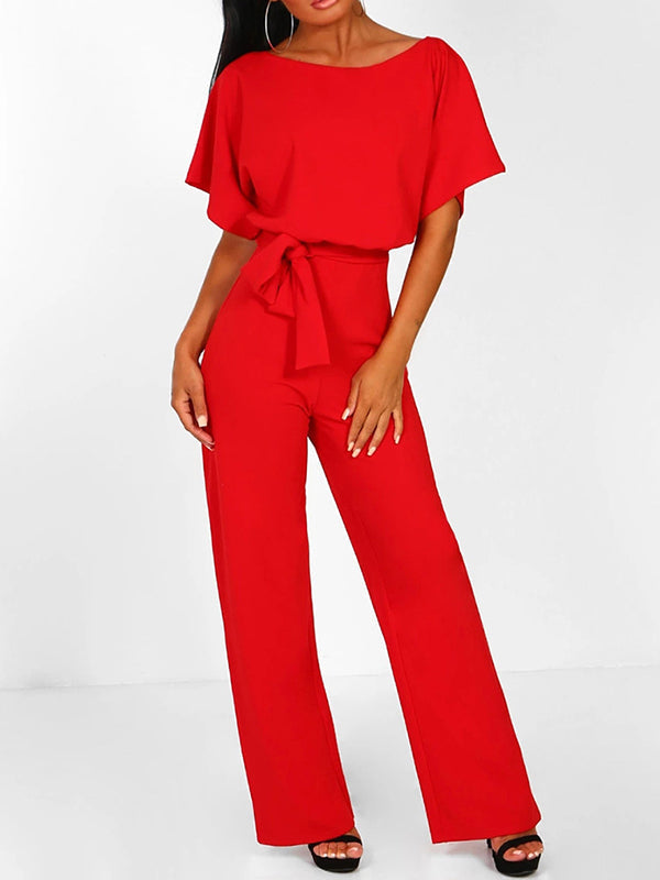 Women's Long Jumpsuit Short Sleeve Ruffled Belt
