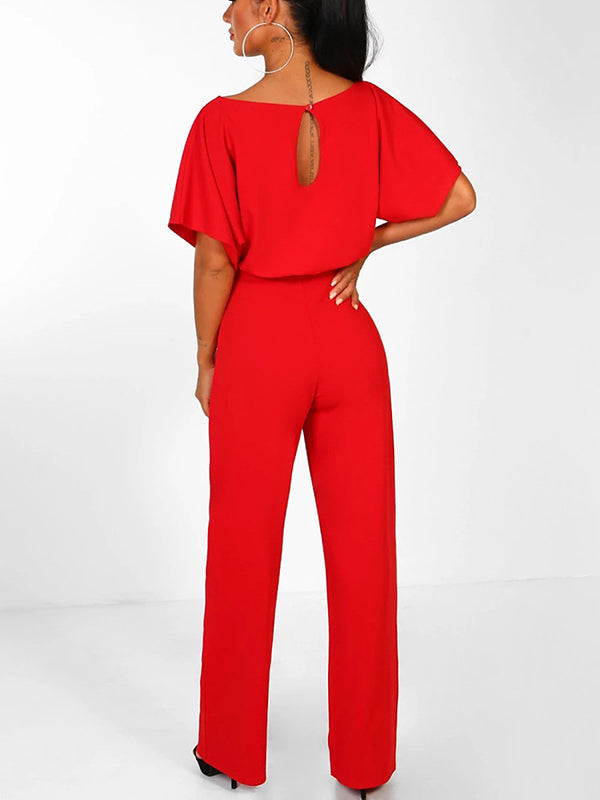 Women's Long Jumpsuit Short Sleeve Ruffled Belt